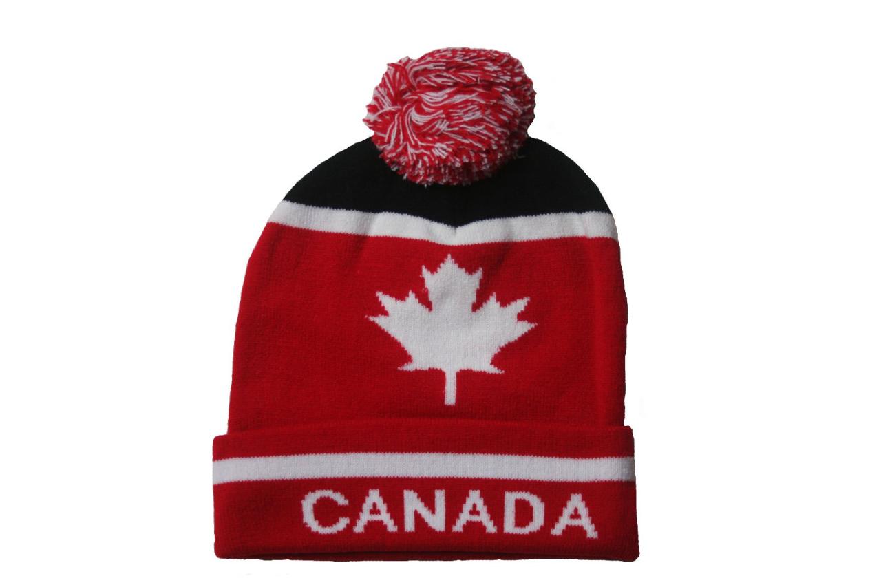 Canada White Maple Leaf Red - Black White Stripes Toque Hat with Pom Pom New .. New