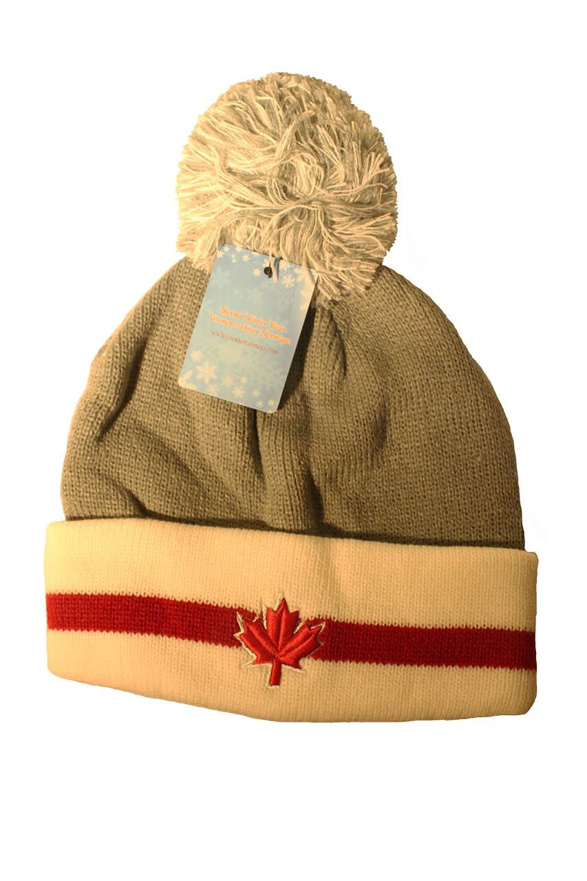 CANADA Red MAPLE LEAF Grey - White WARM TOQUE Hat With Pom Pom. THERMAL WINTER WEAR.New